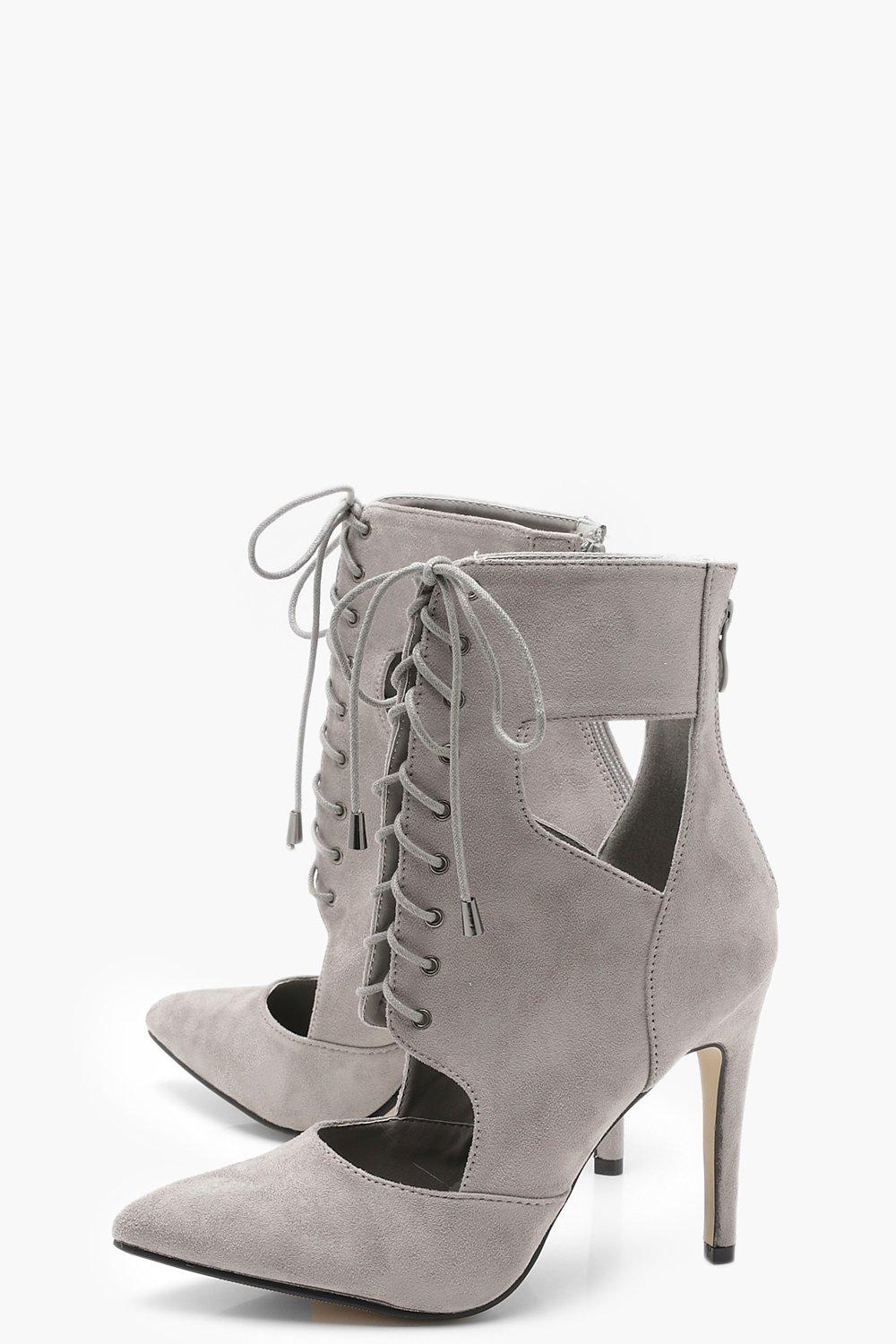 Lace Up Cut Work Closed Toe Heels