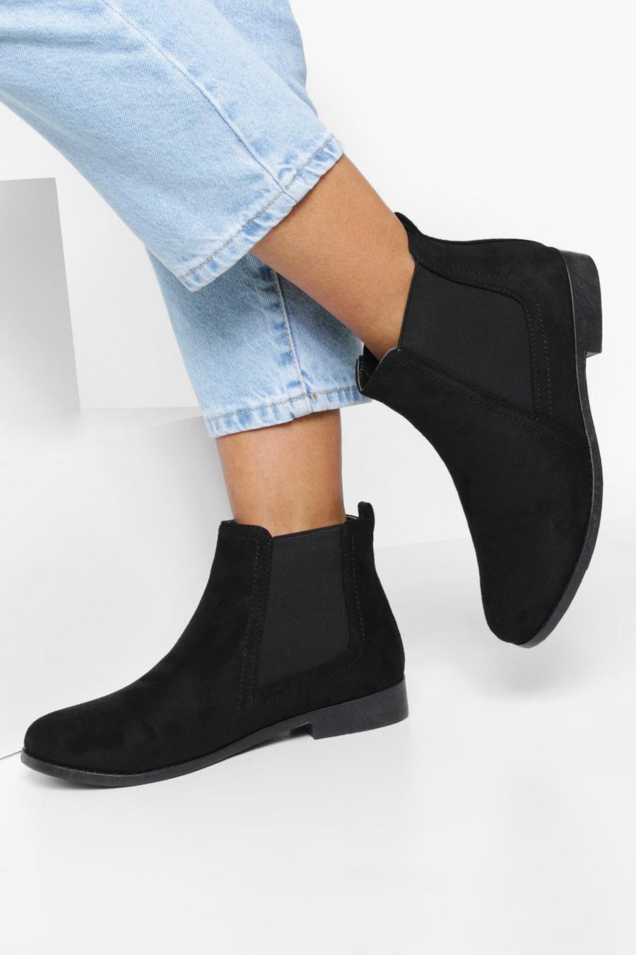 Black schwarz Wide Fit Suedette Flat Chelsea Boots