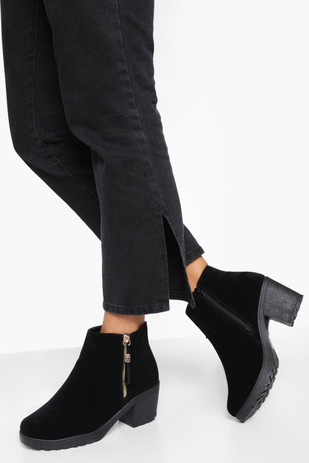 wide fit black suedette block heel chunky boots