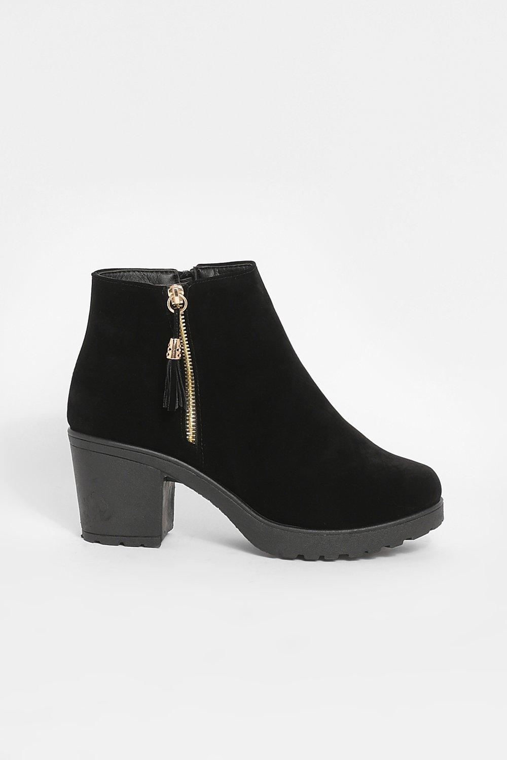 wide fit black suedette block heel chunky boots
