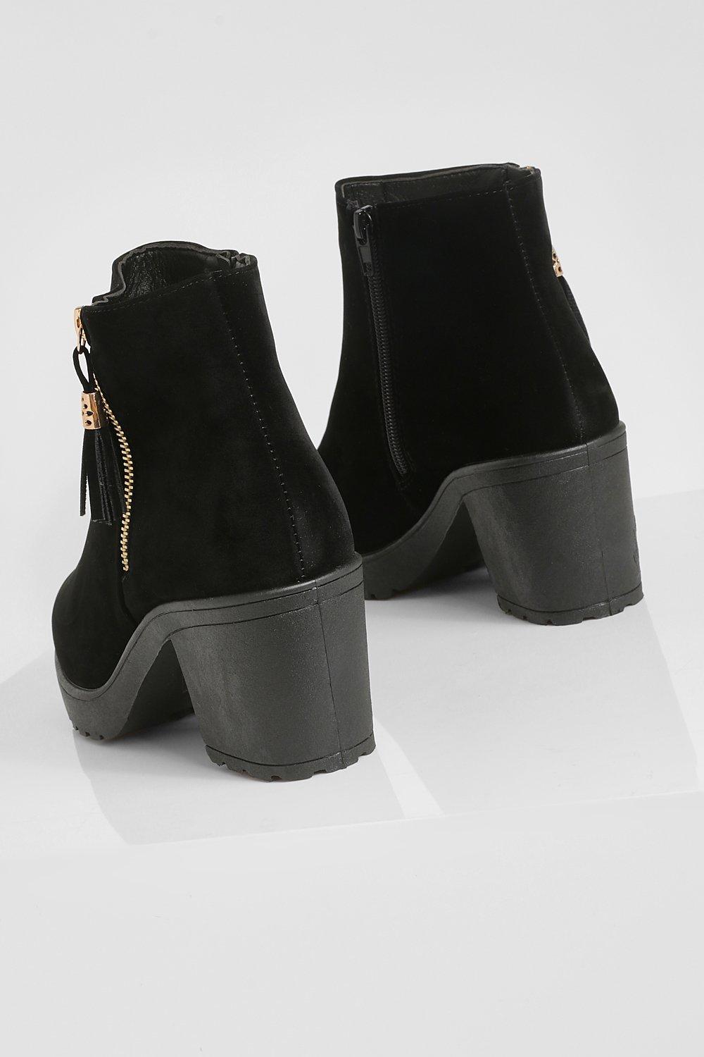 wide fit black suedette block heel chunky boots