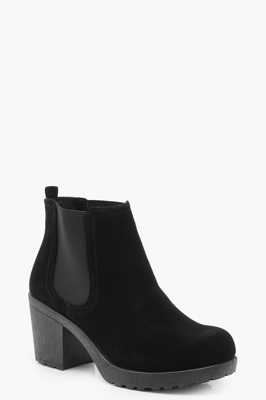 Black svart Wide Fit Suedette Cleated Heel Chelsea Boots image number 1