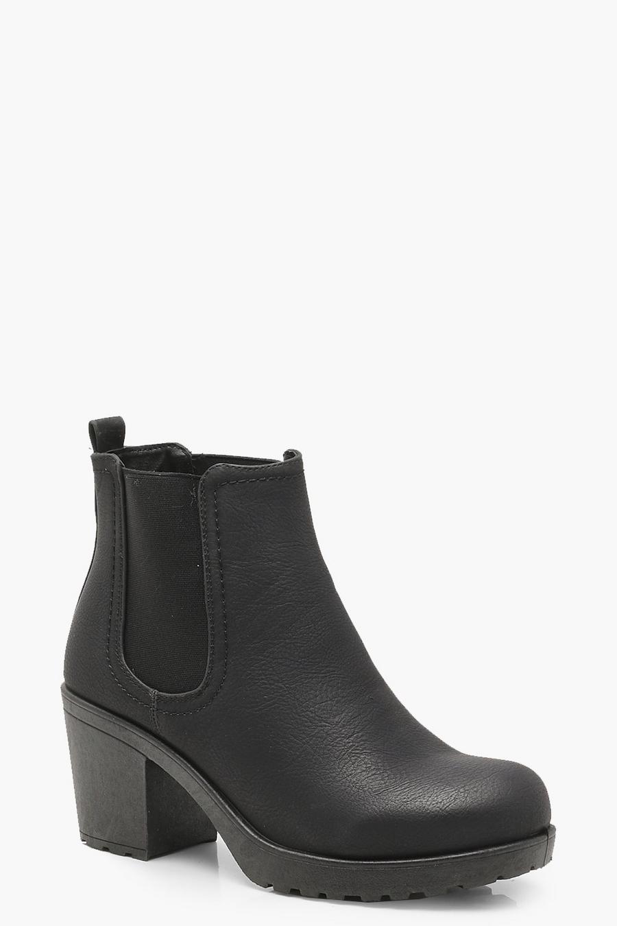 Black Wide Width Chunky Cleated Heel Chelsea Boots