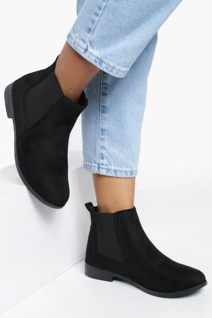 Black schwarz Suedette Flat Chelsea Boots