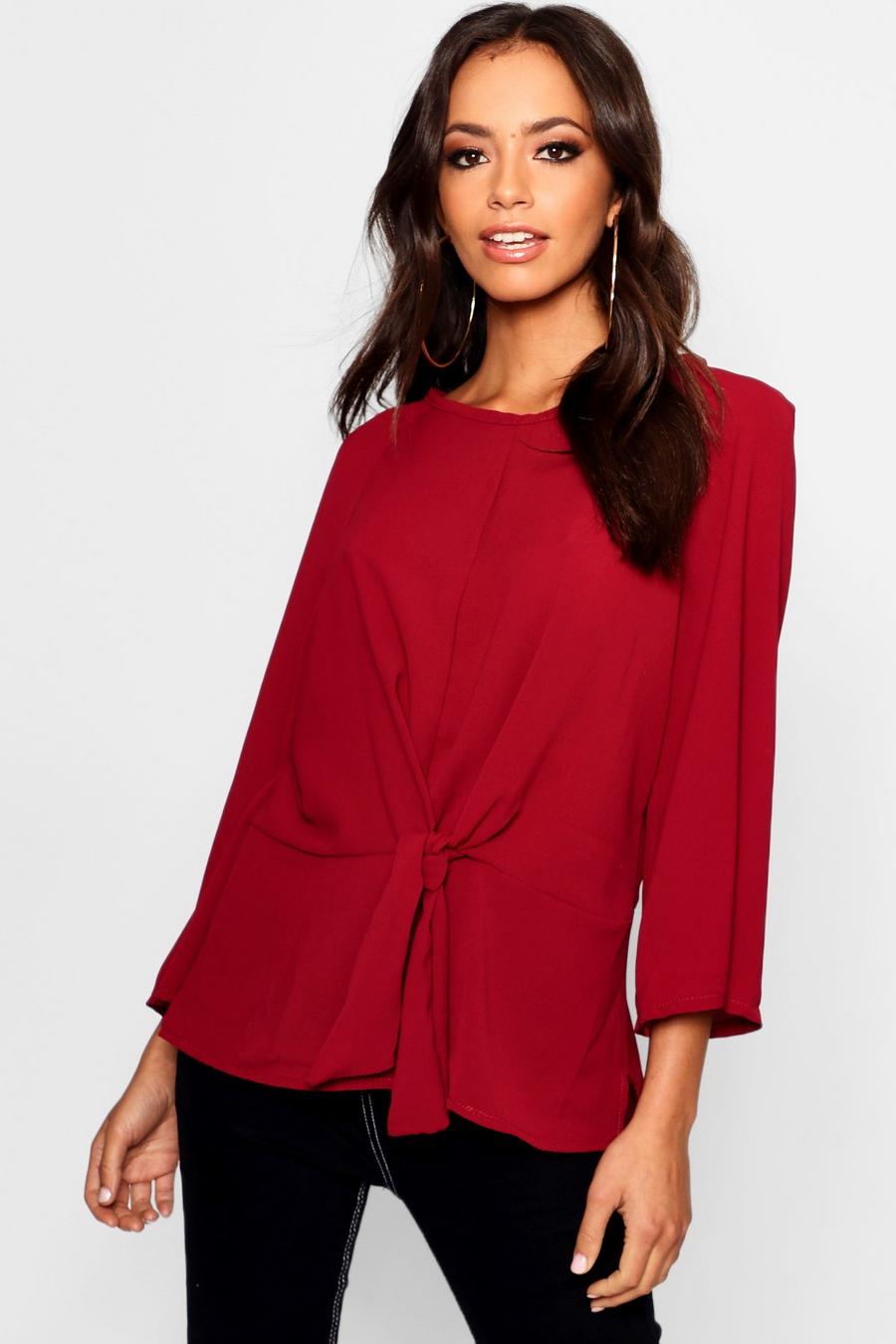 Berry Tie Front Flute Sleeve Blouse image number 1
