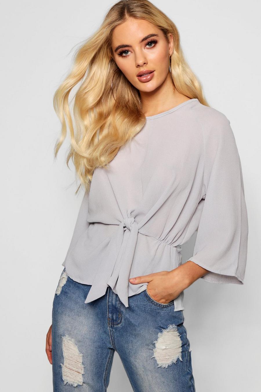 Grey Tie Front Flute Sleeve Blouse image number 1