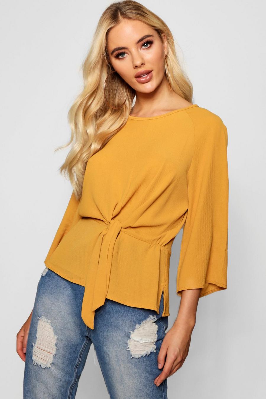 Mustard Tie Front Flute Sleeve Blouse image number 1