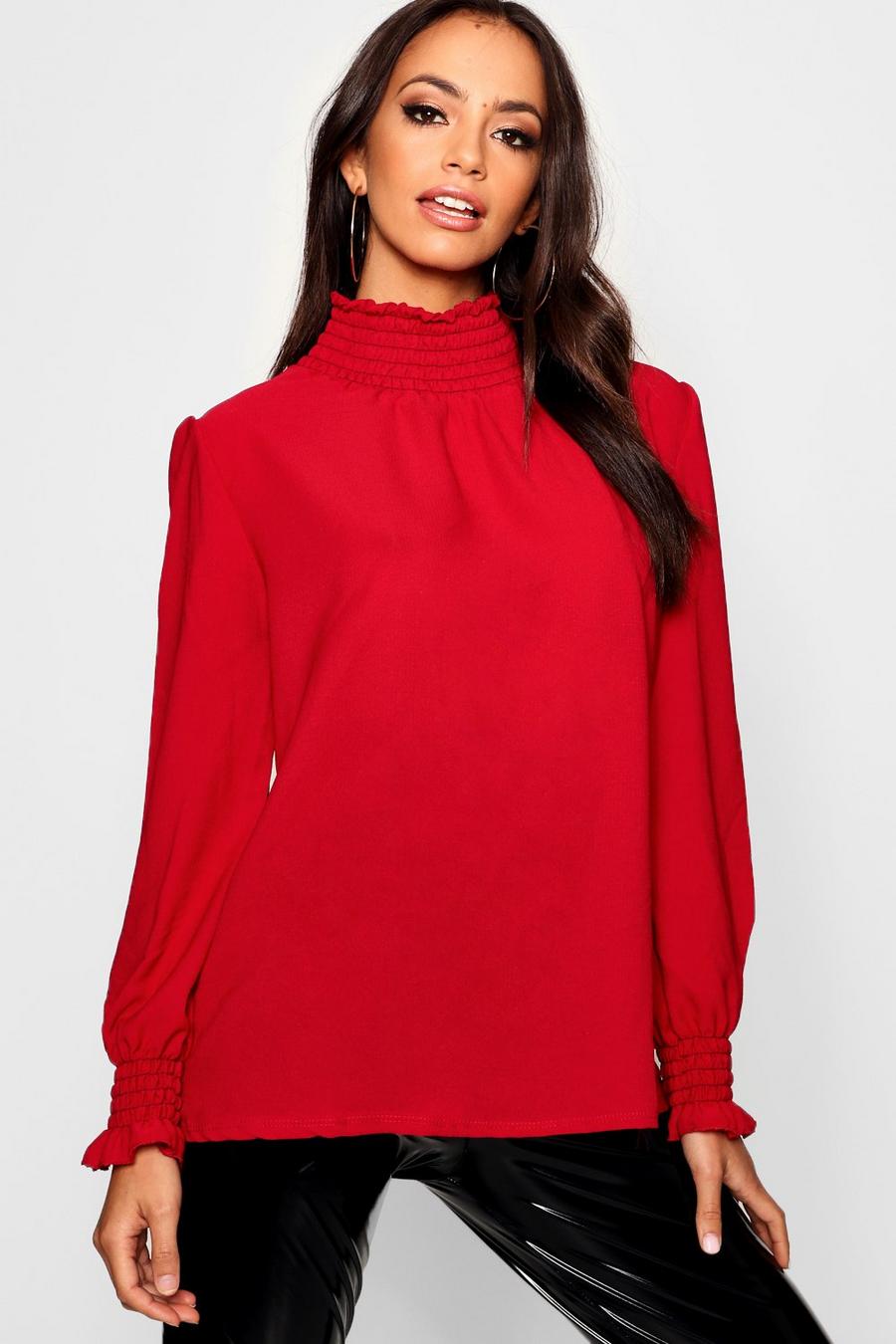 Berry Shirred Collar Blouse image number 1