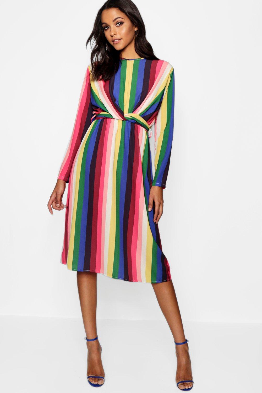 Rainbow Tie Front Midi Dress | boohoo
