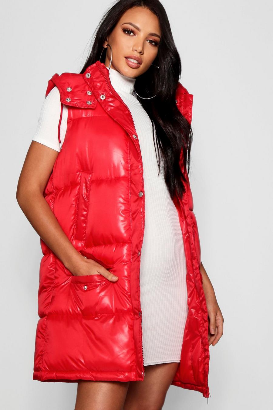Red Hooded Cire Longline Padded Gilet image number 1