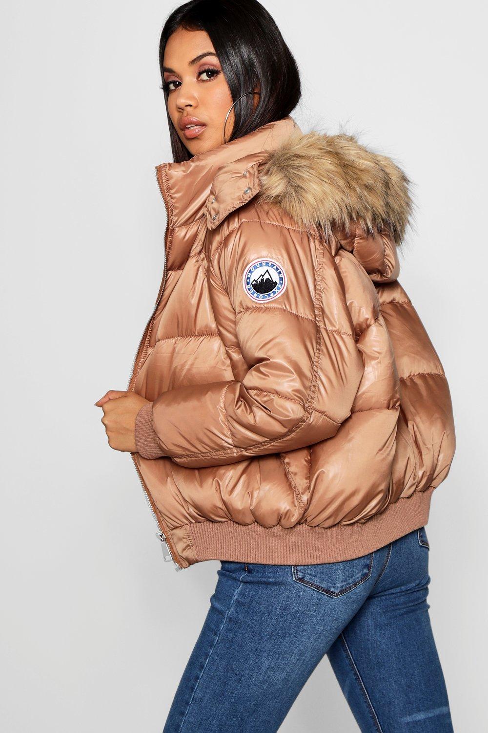 Faux fur trim cire puffer jacket sale