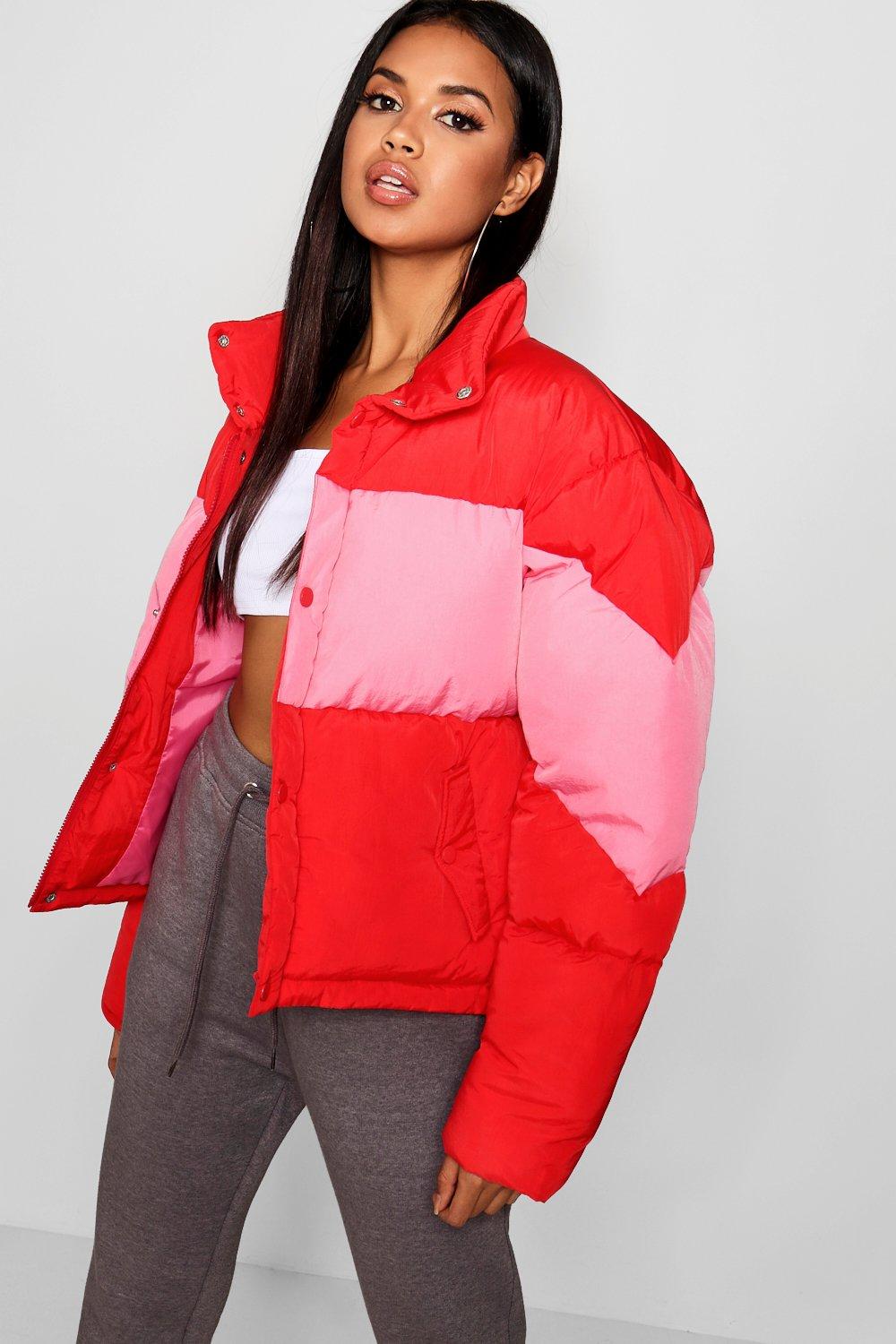 red wrap puffer jacket