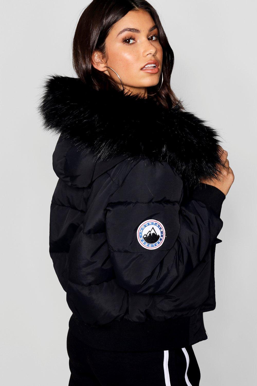 black puffer with fur hood