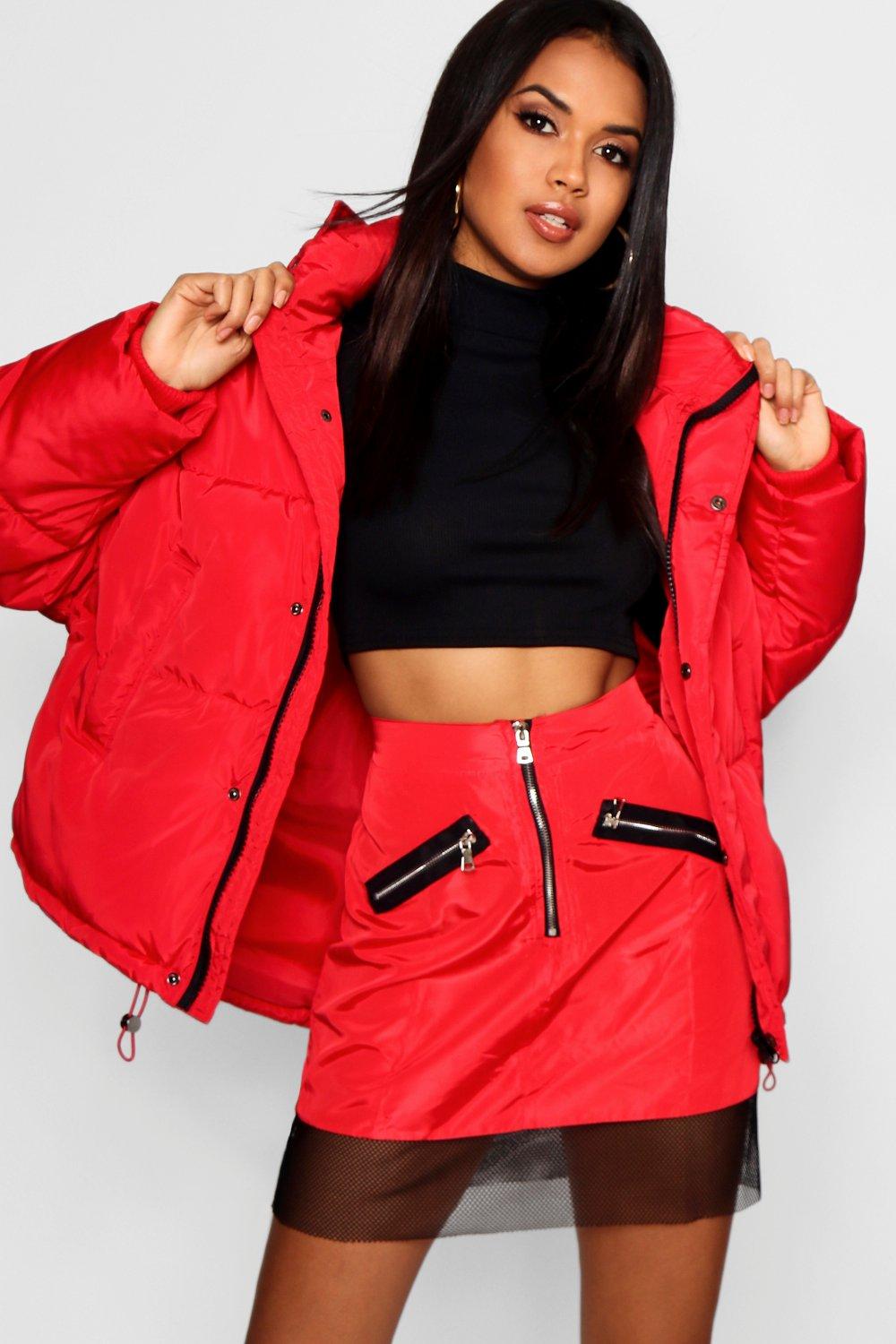 red wrap puffer jacket