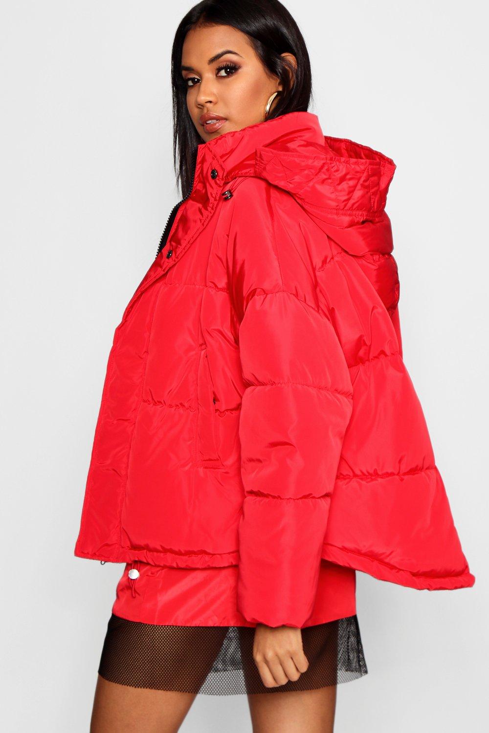 womens red hooded puffer jacket