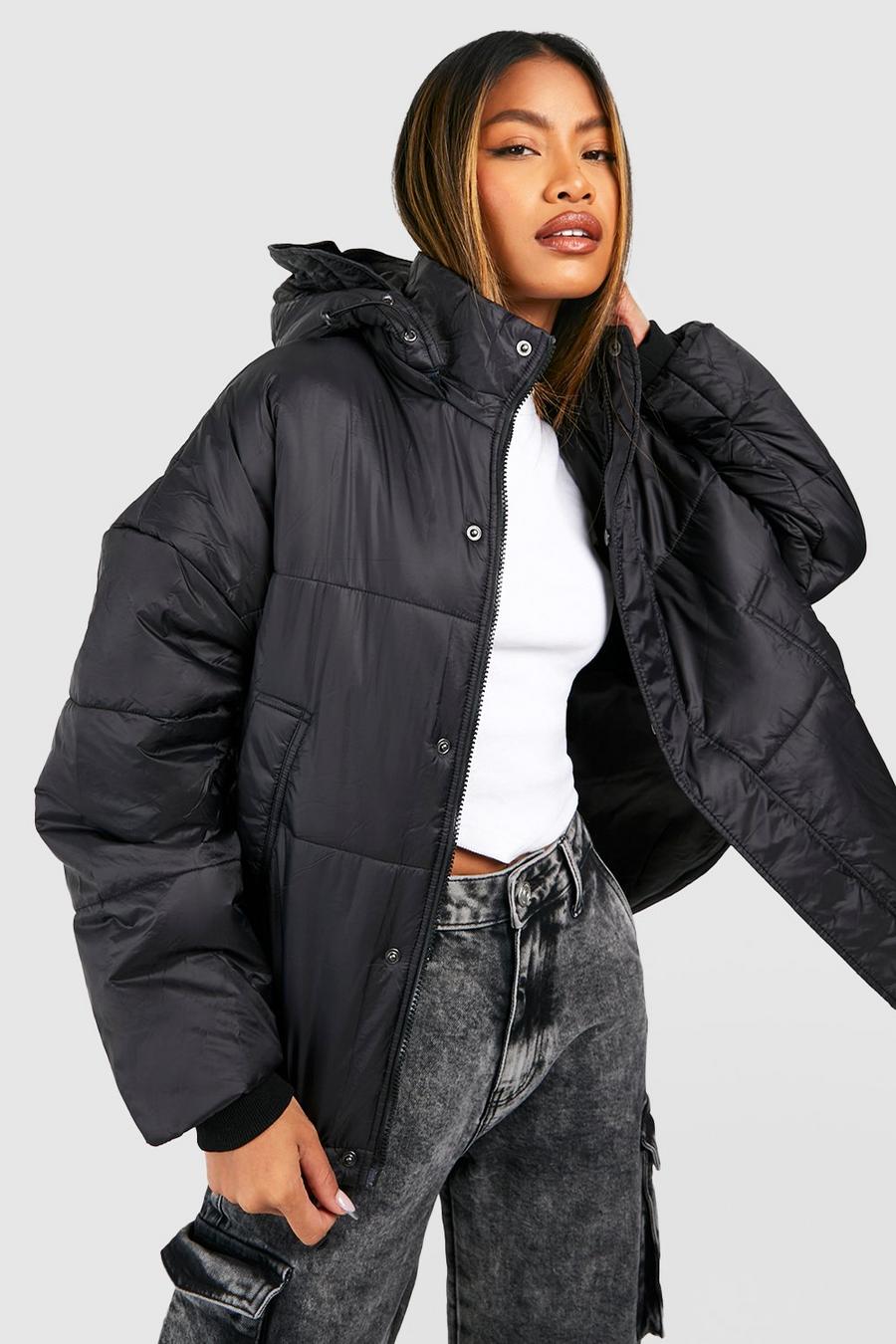 Black Oversize pufferjacka med huva