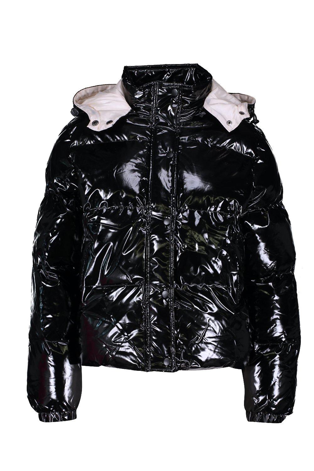 hooded vinyl puffer jacket