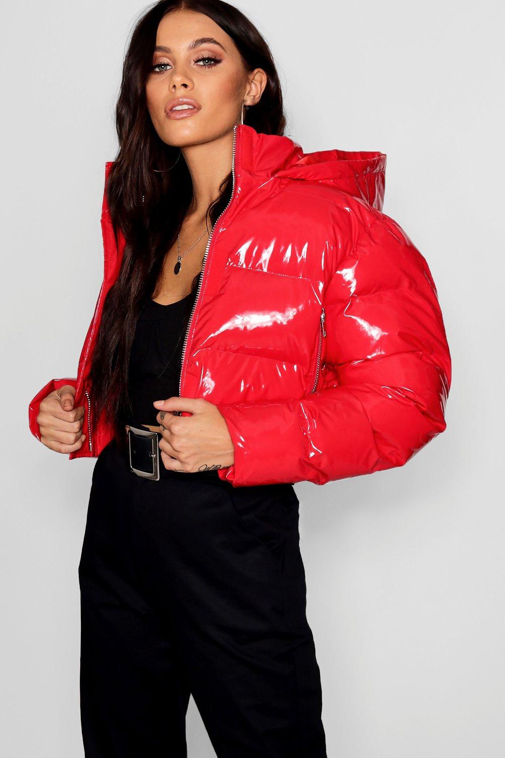 red padded jacket with hood