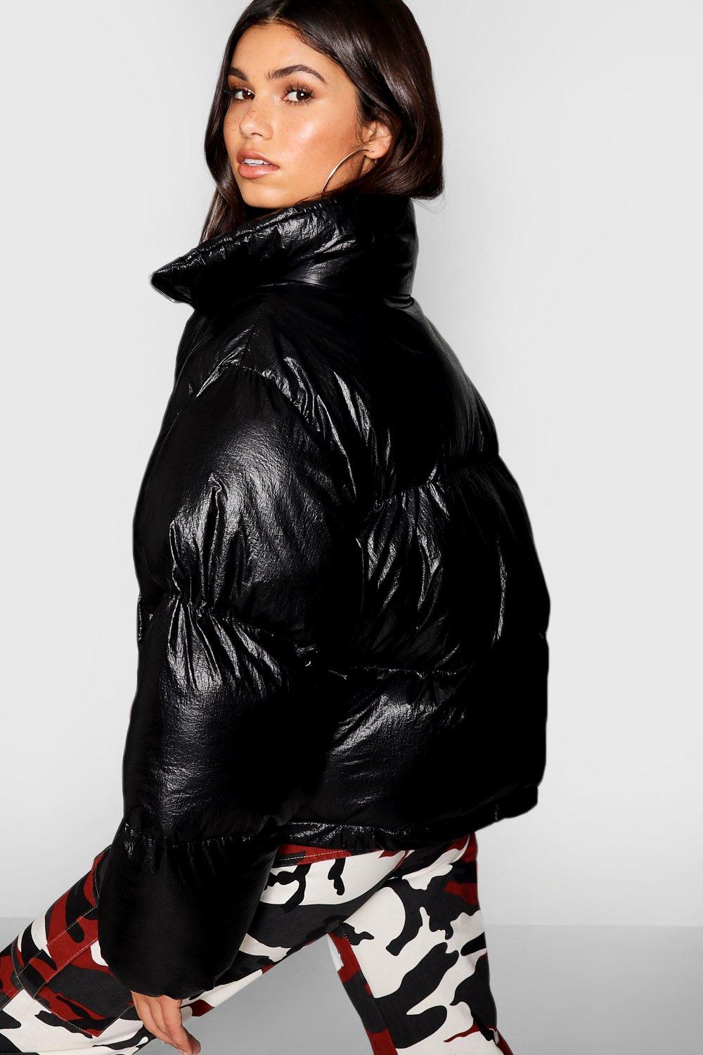 Black metallic puffer coat online