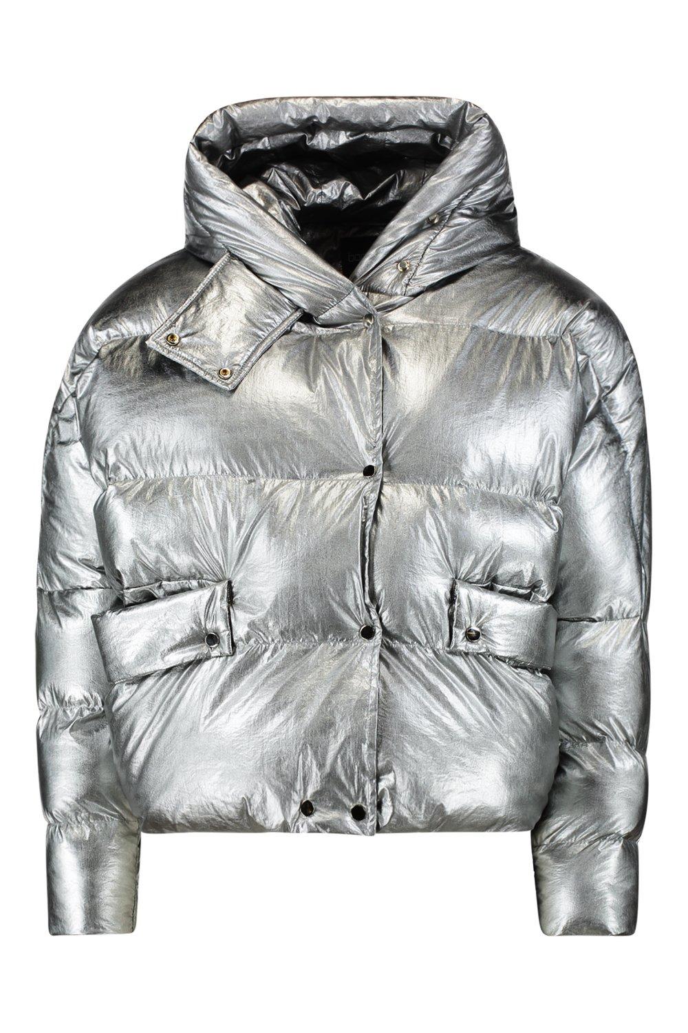 metallic hooded puffer jacket