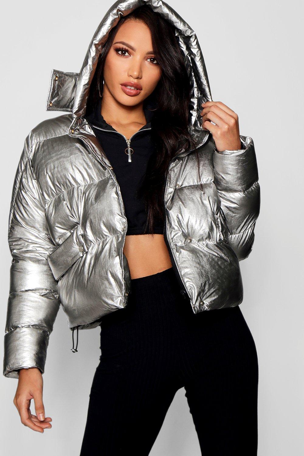 metallic hooded puffer jacket