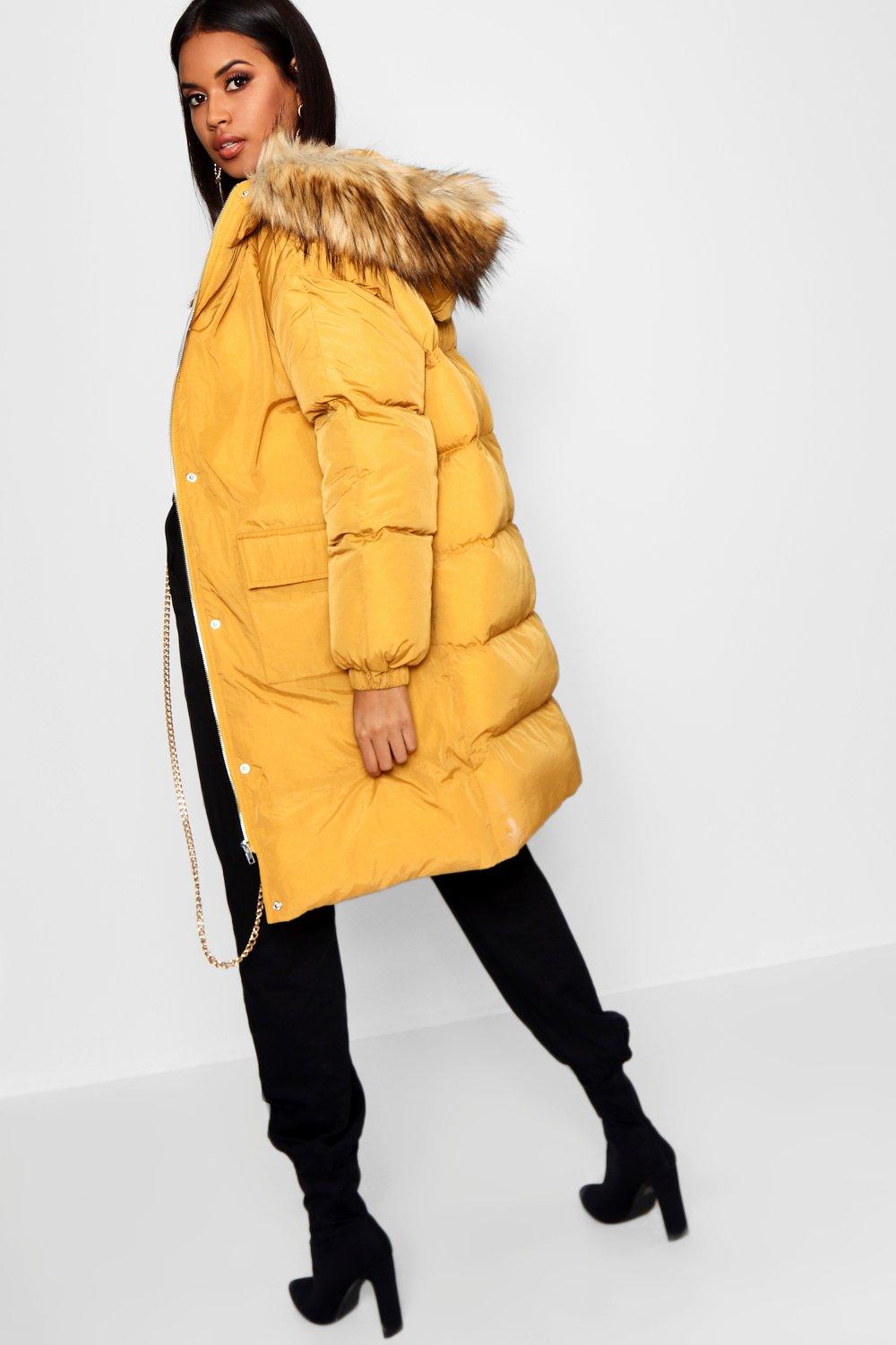 Longline Faux Fur Trim Hood Puffer Coat