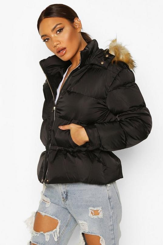 Women's Matte Satin Faux Fur Trim Puffer Jacket | Boohoo UK