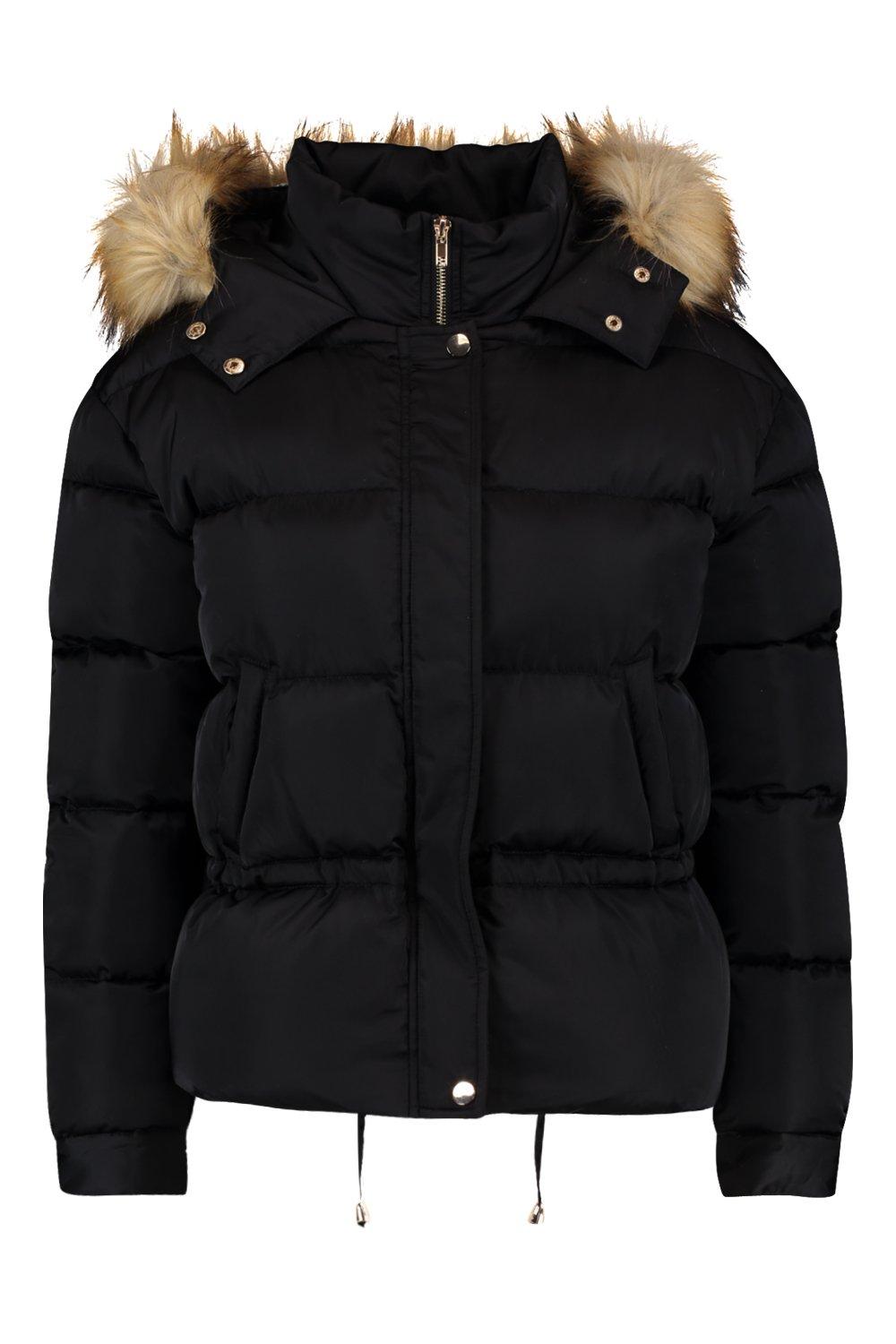 Matte Satin Faux Fur Trim Puffer Jacket boohoo