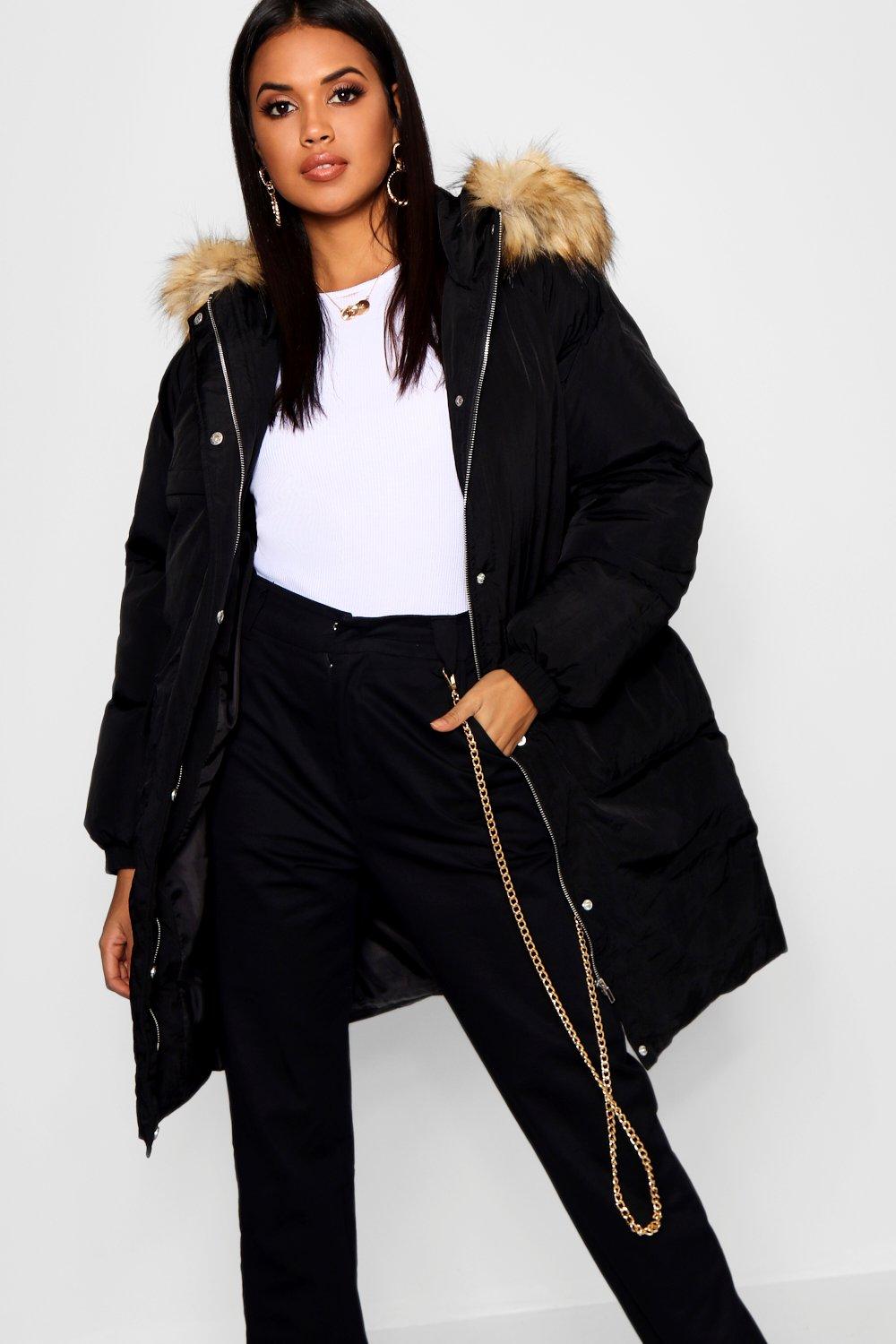 longline puffer jacket fur hood