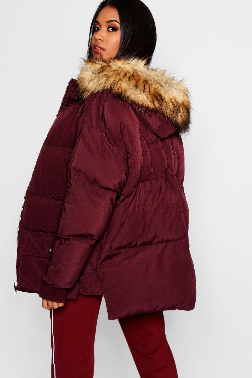 red faux fur trim hooded puffer jacket