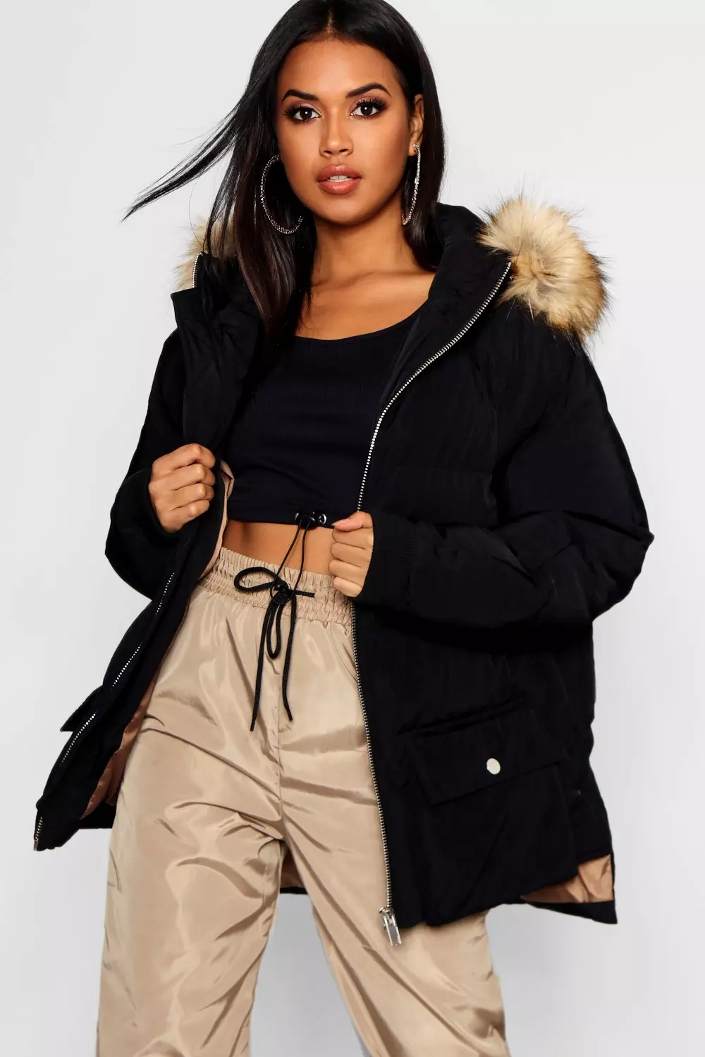 Boohoo quilted jacket shop with faux fur trim