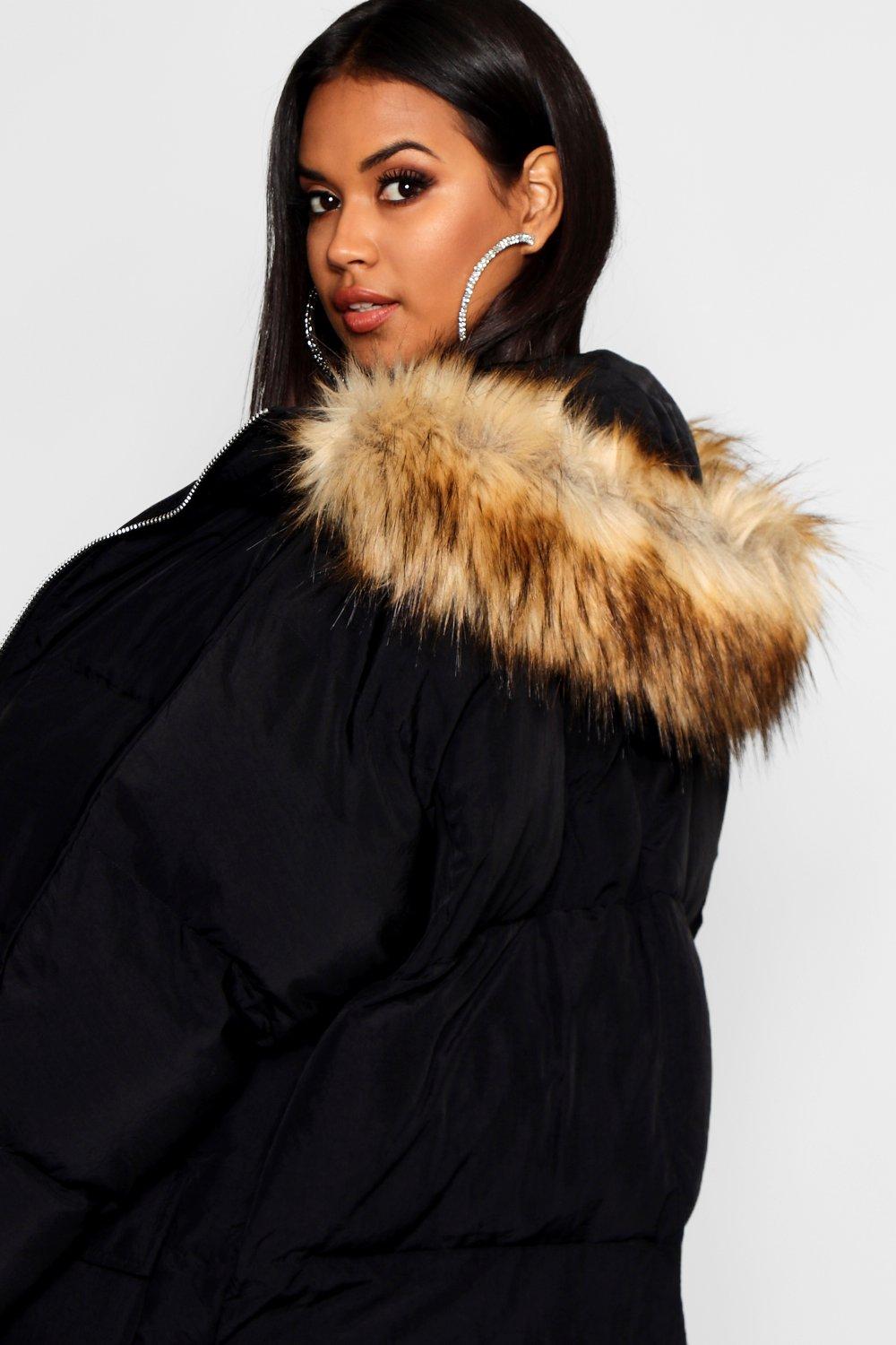 Boohoo padded coat outlet with faux fur hood