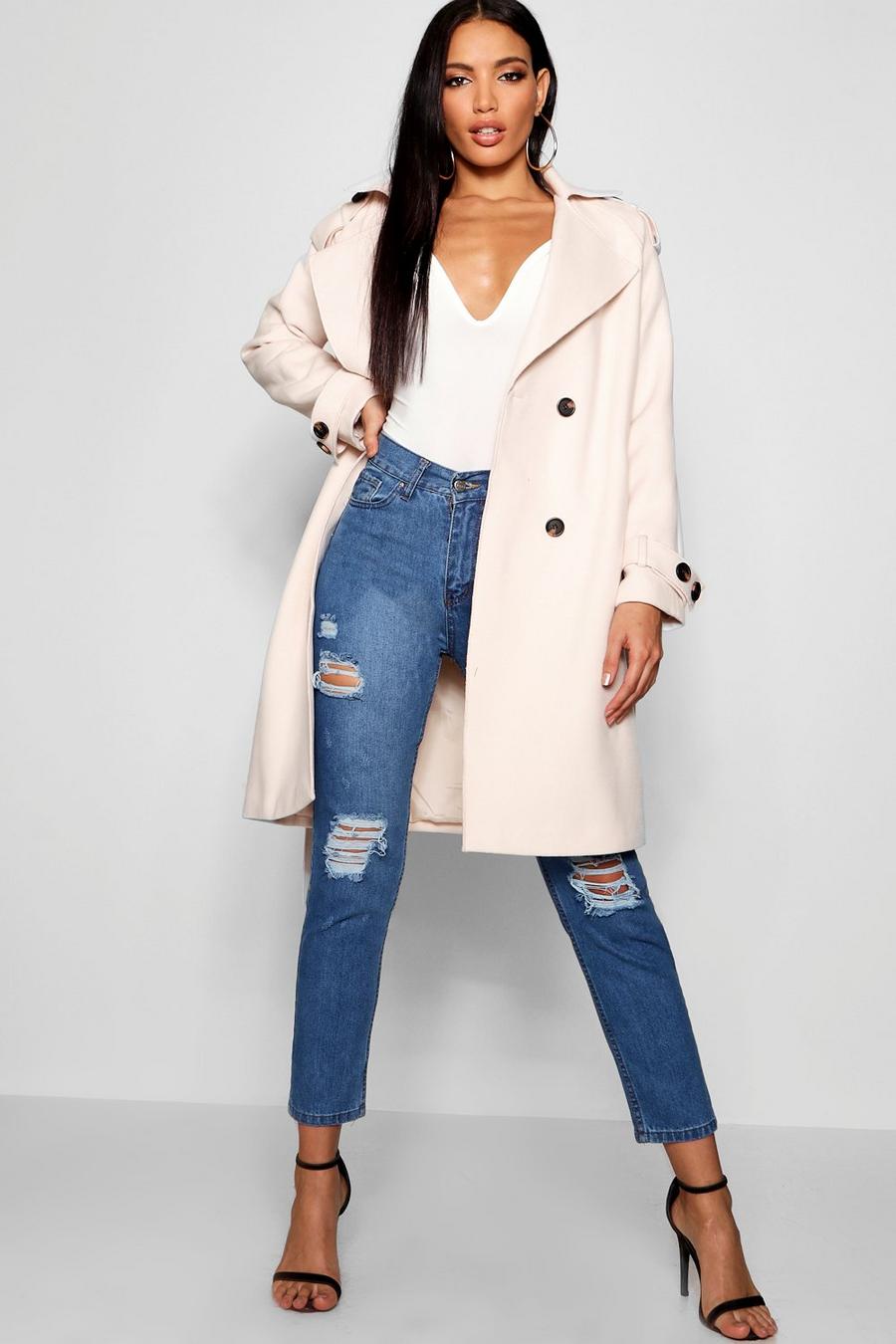 Cream Oversized Wool Look Trench Coat image number 1