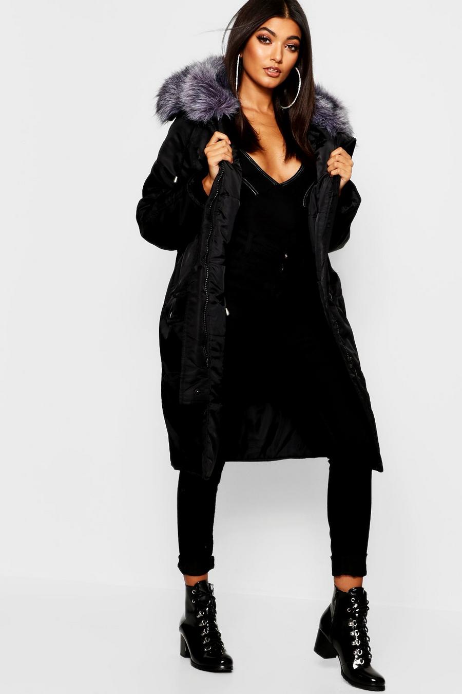 Black noir Oversized Faux Fur Fly Hood Luxe Parka Coat