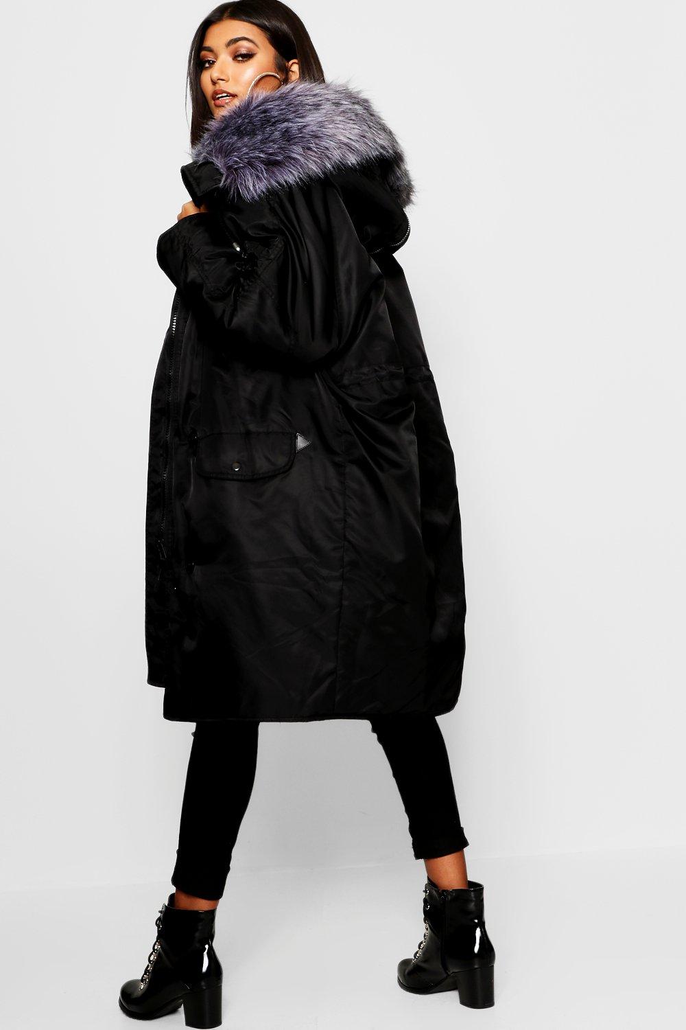 Oversized Faux Fur Fly Hood Luxe Parka Coat