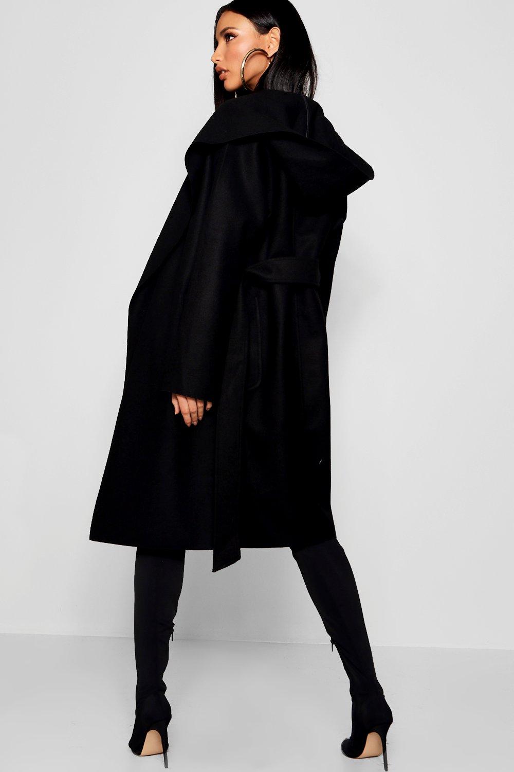 boohoo hooded wool look belted coat