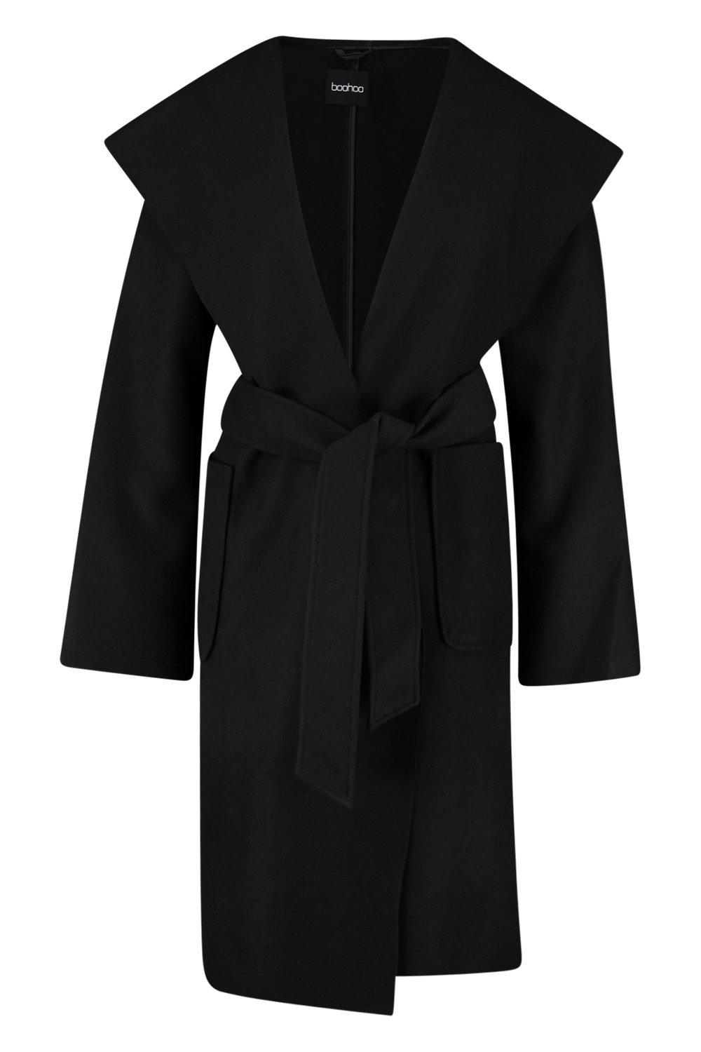 Boohoo hooded wool look belted sale coat