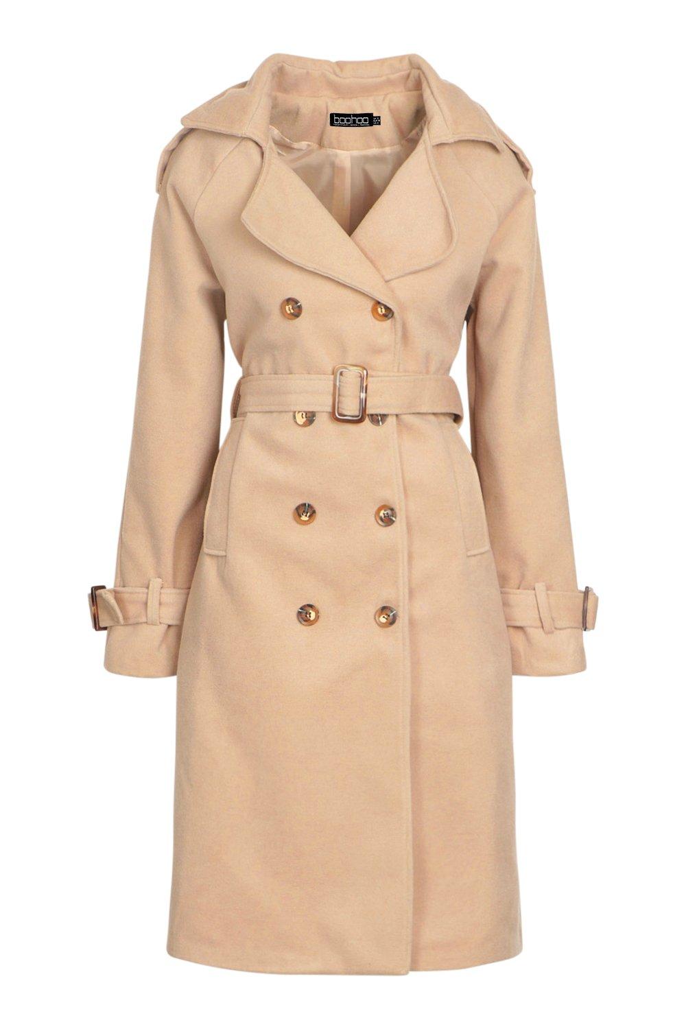 boohoo Belted Short Textured Wool Look Trench Coat - Beige - Size 4