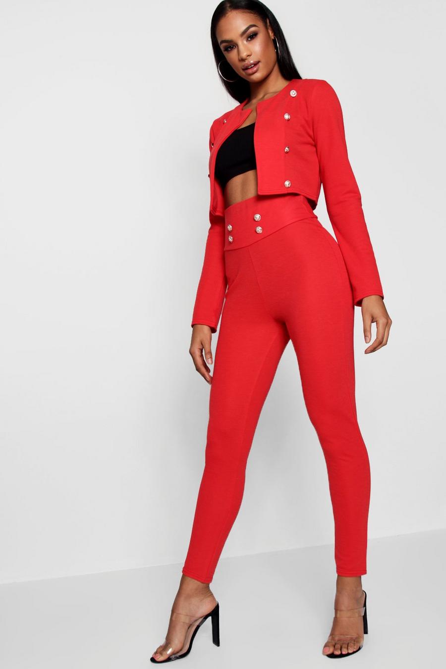 Red Military Crop Blazer Pants Two-Piece Set image number 1