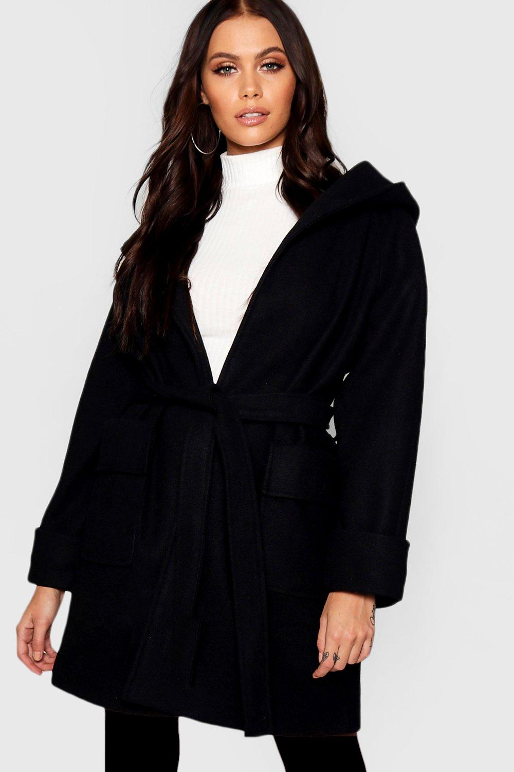 black belted hooded coat