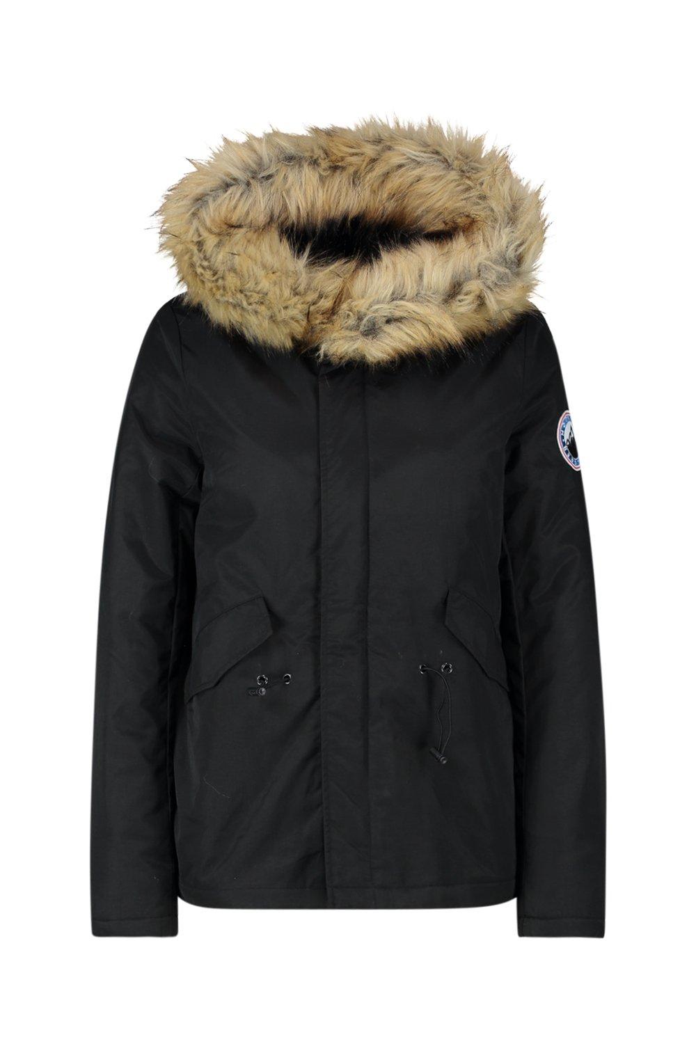 Boohoo Luxe Faux Fur Sporty Parka Coat in Black Womens Clothing Jackets Padded and down jackets 