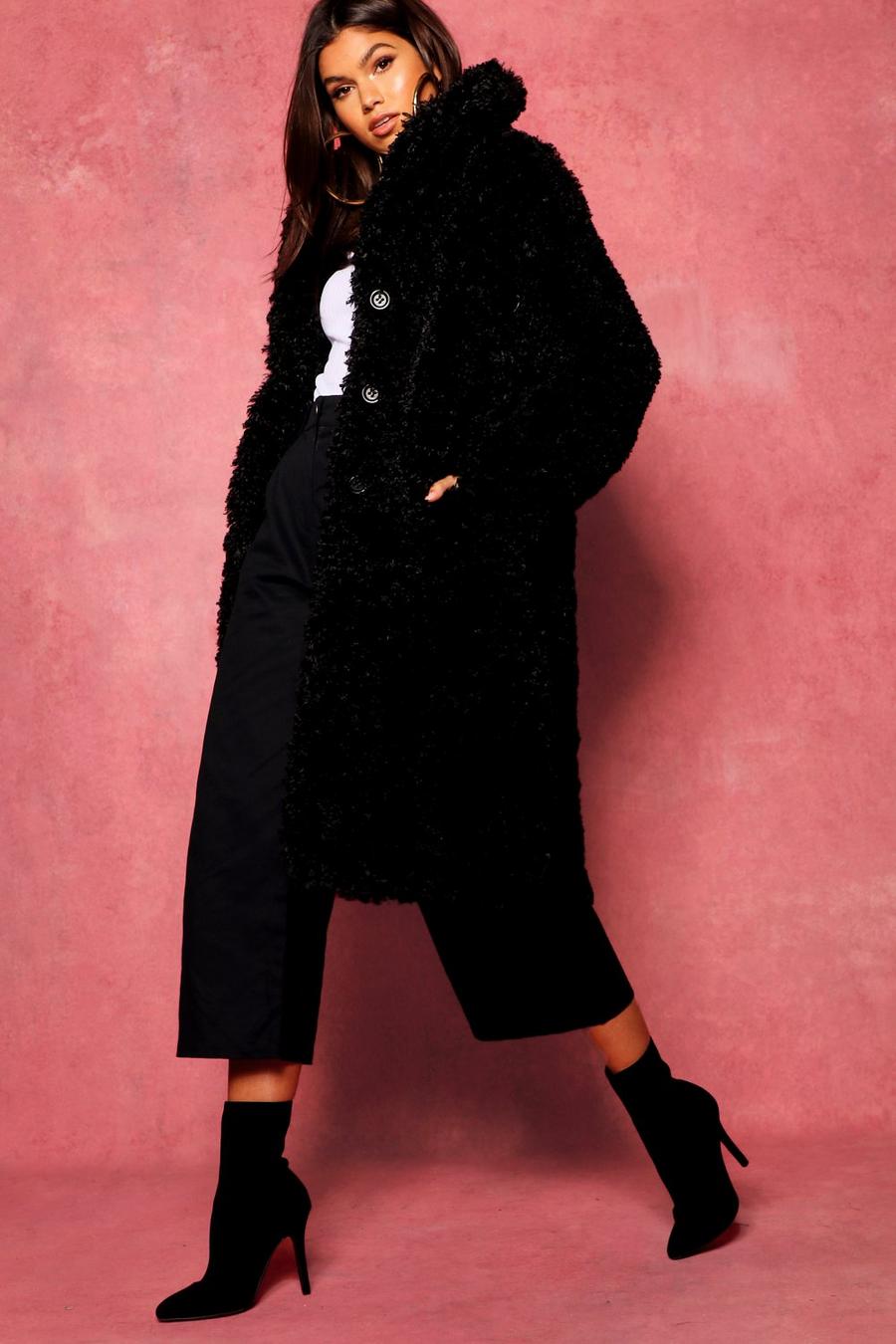 Black Premium Teddy Faux Fur Longline Coat image number 1
