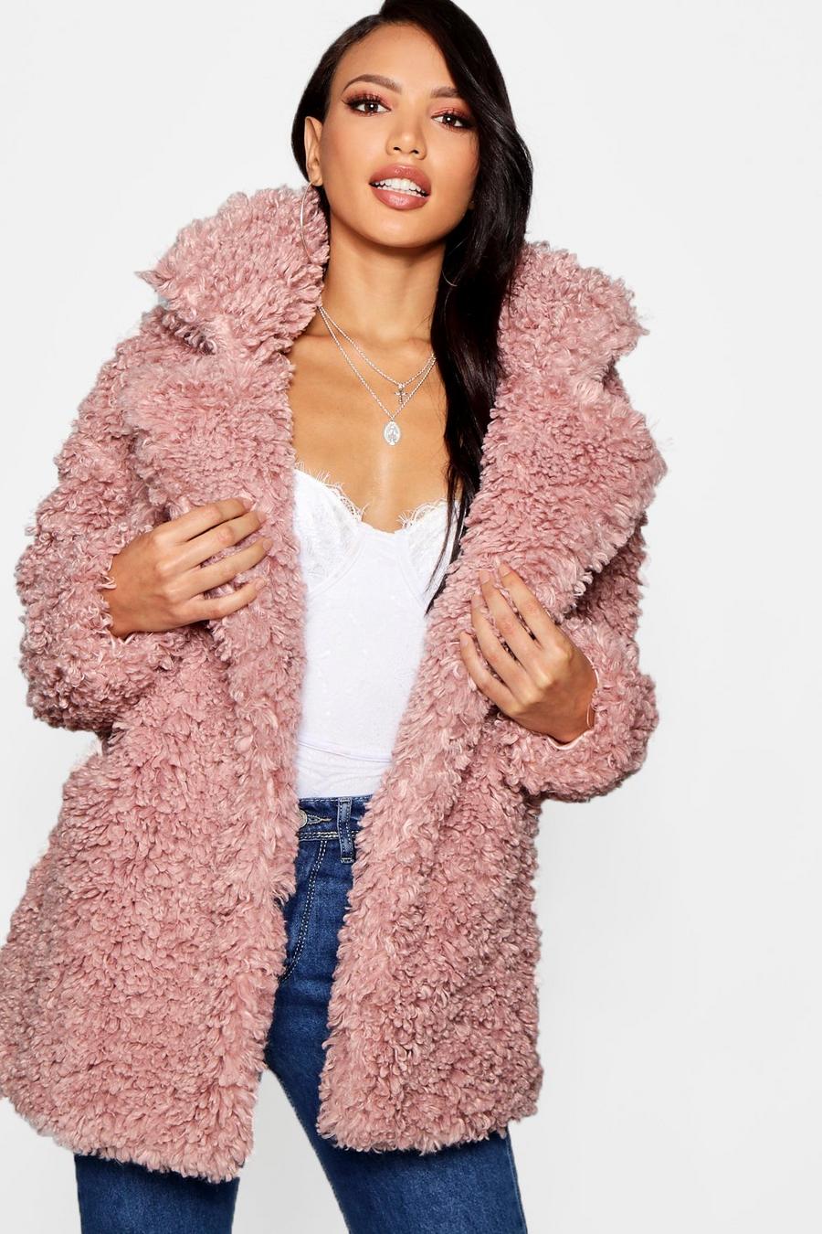 Pink Premium Teddy Faux Fur Collared Coat image number 1