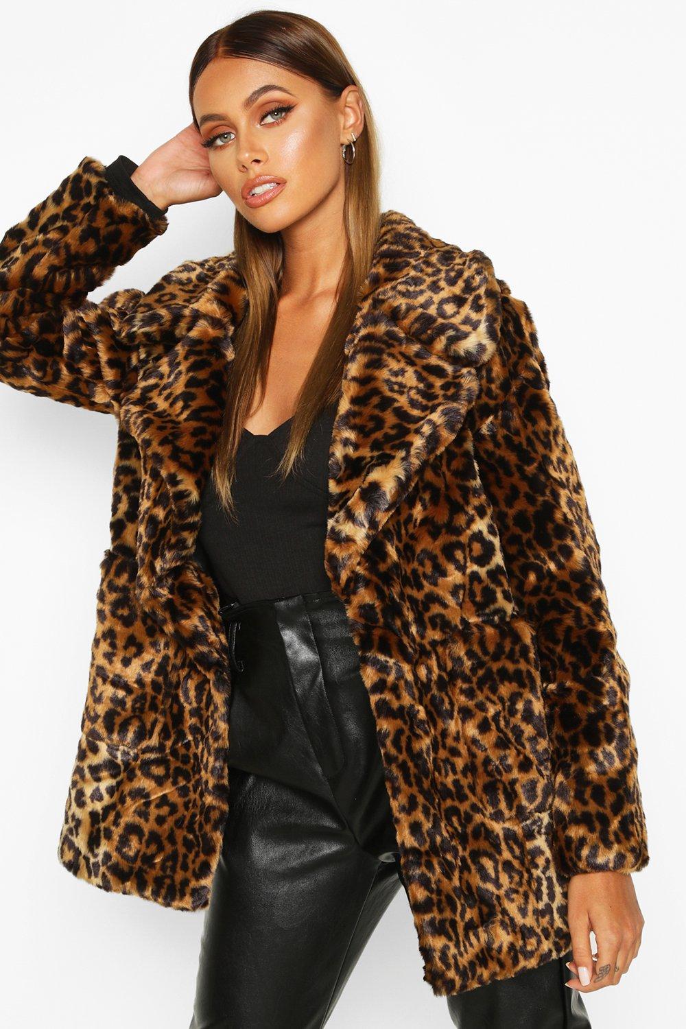 leopard faux fur coat womens