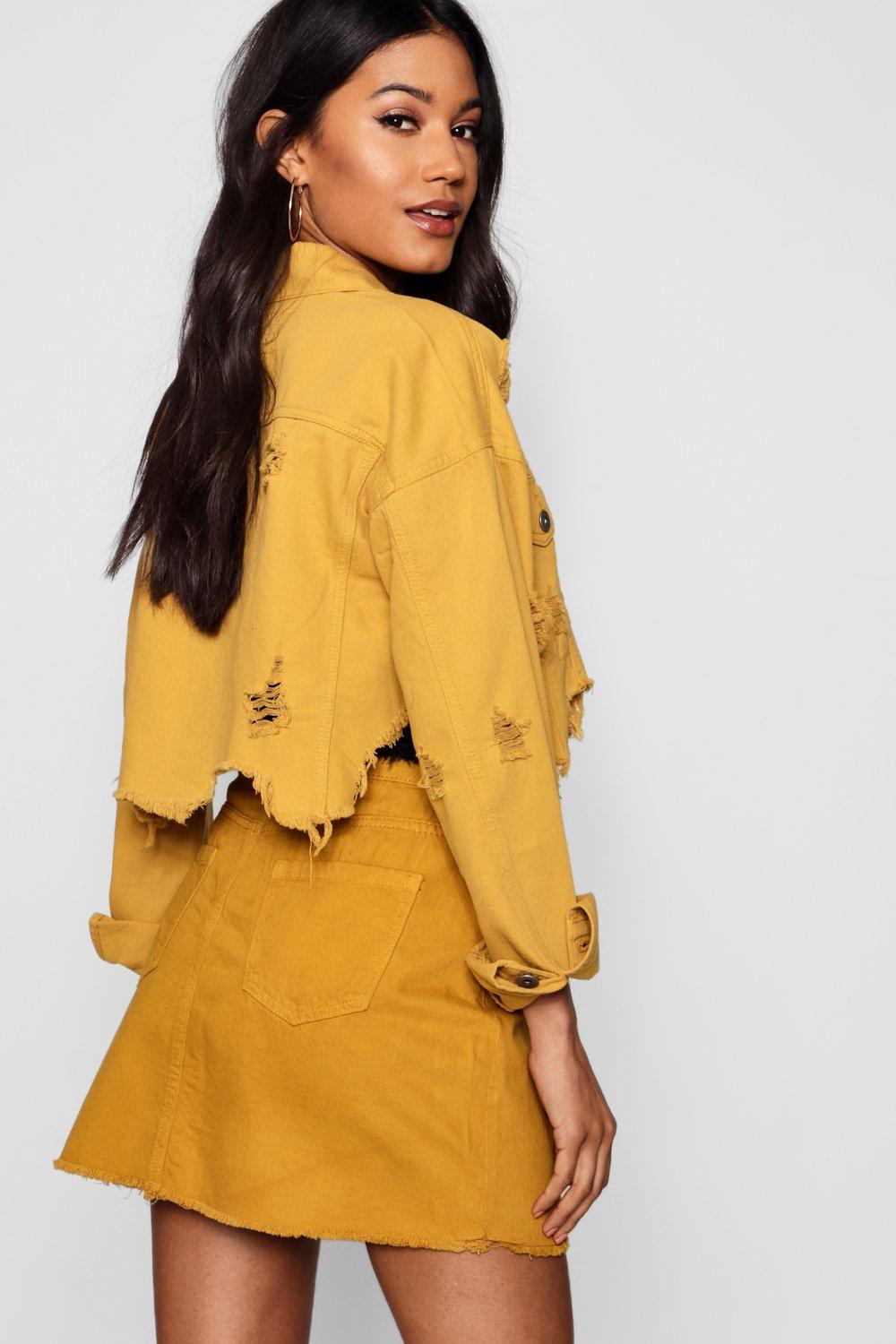 Mustard cropped denim jacket best sale