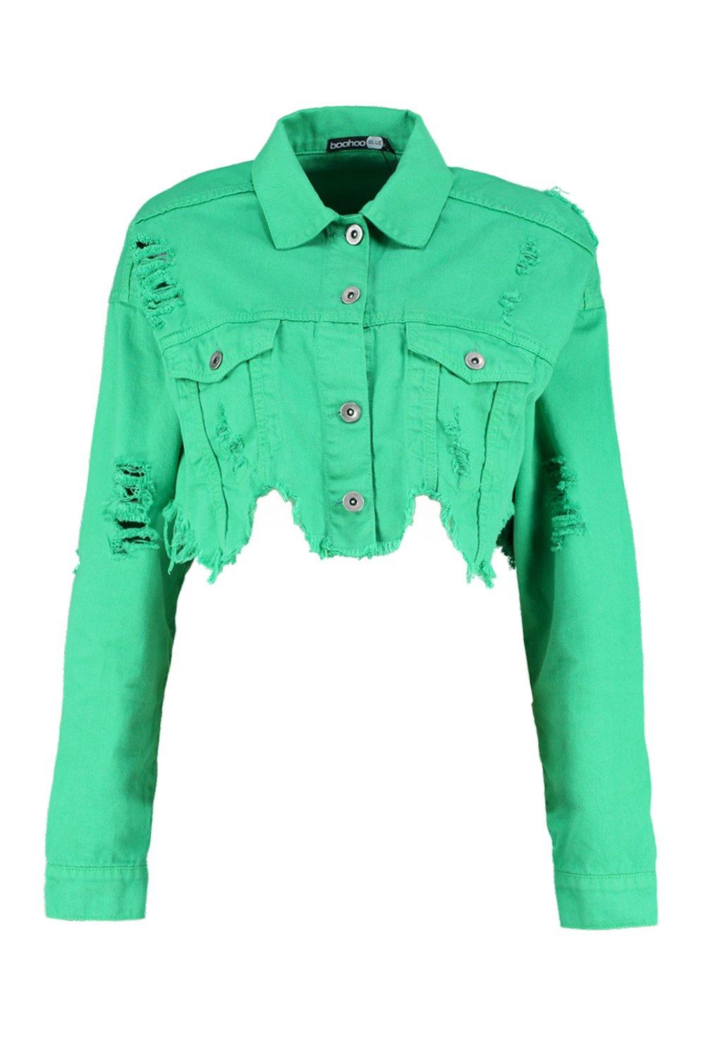 Women's Cropped Distressed Green Denim Jacket | Boohoo UK