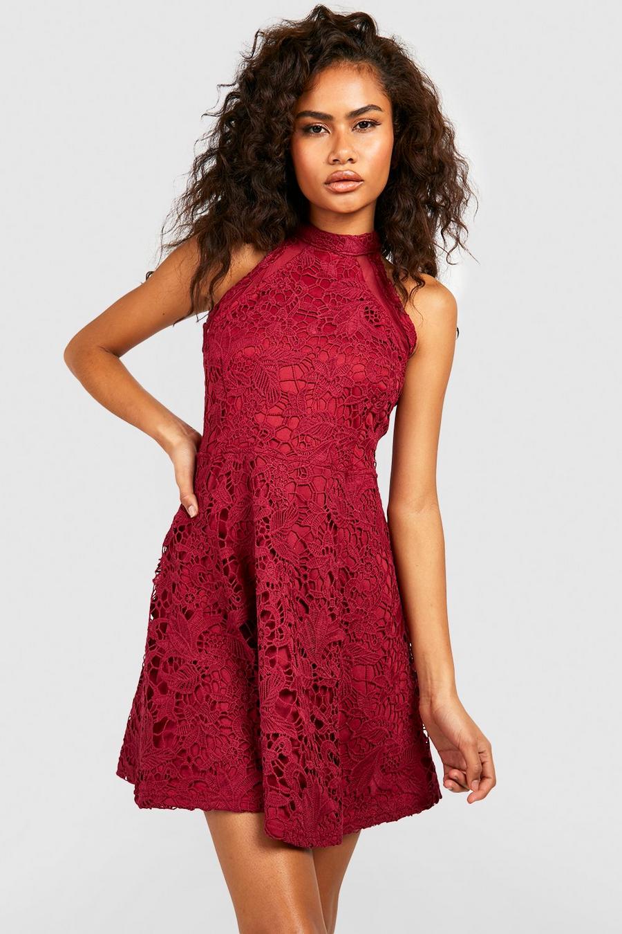 Berry rosso Lace High Neck Skater Dress