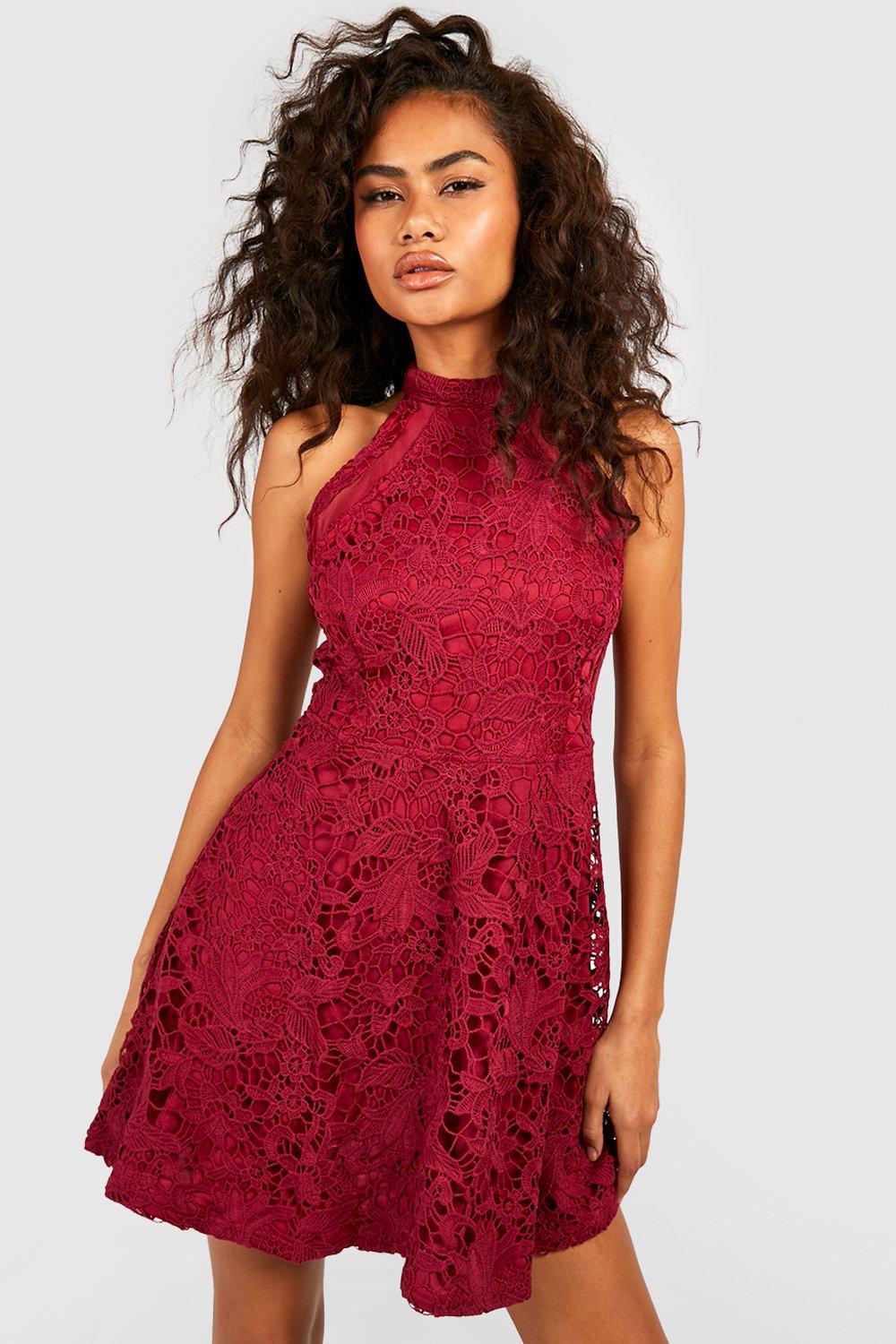 Boutique lace high 2024 neck skater dress