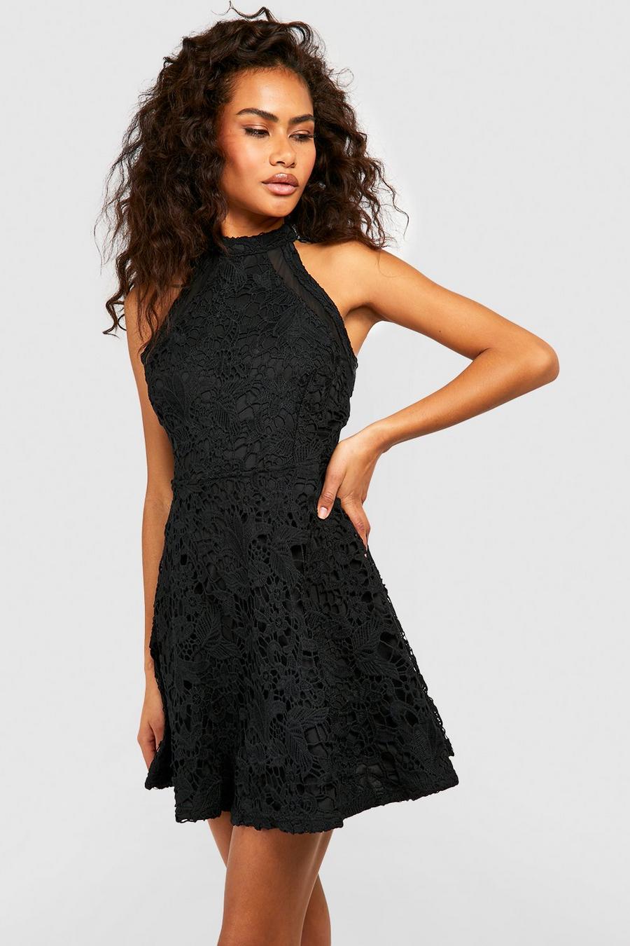 Black שמלת סקייטר עם תחרה וצווארון גבוה image number 1