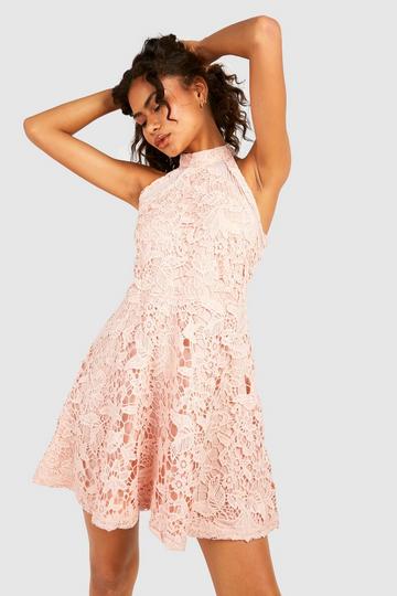 Lace High Neck Skater Dress blush